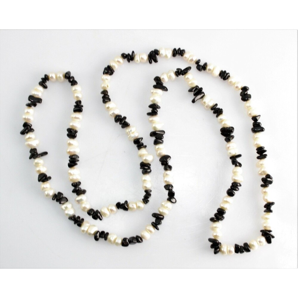 Baroque Freshwater Cultured Pearl Onyx Stone Crystal Chip Bead Boho Necklace 36"
